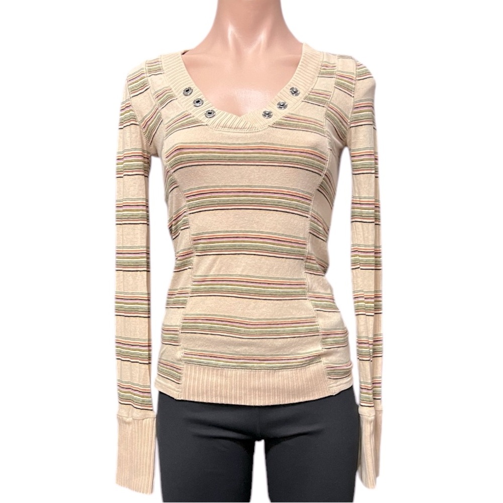 Free People Striped V-Neck Henley with Button Detail Women’s XS